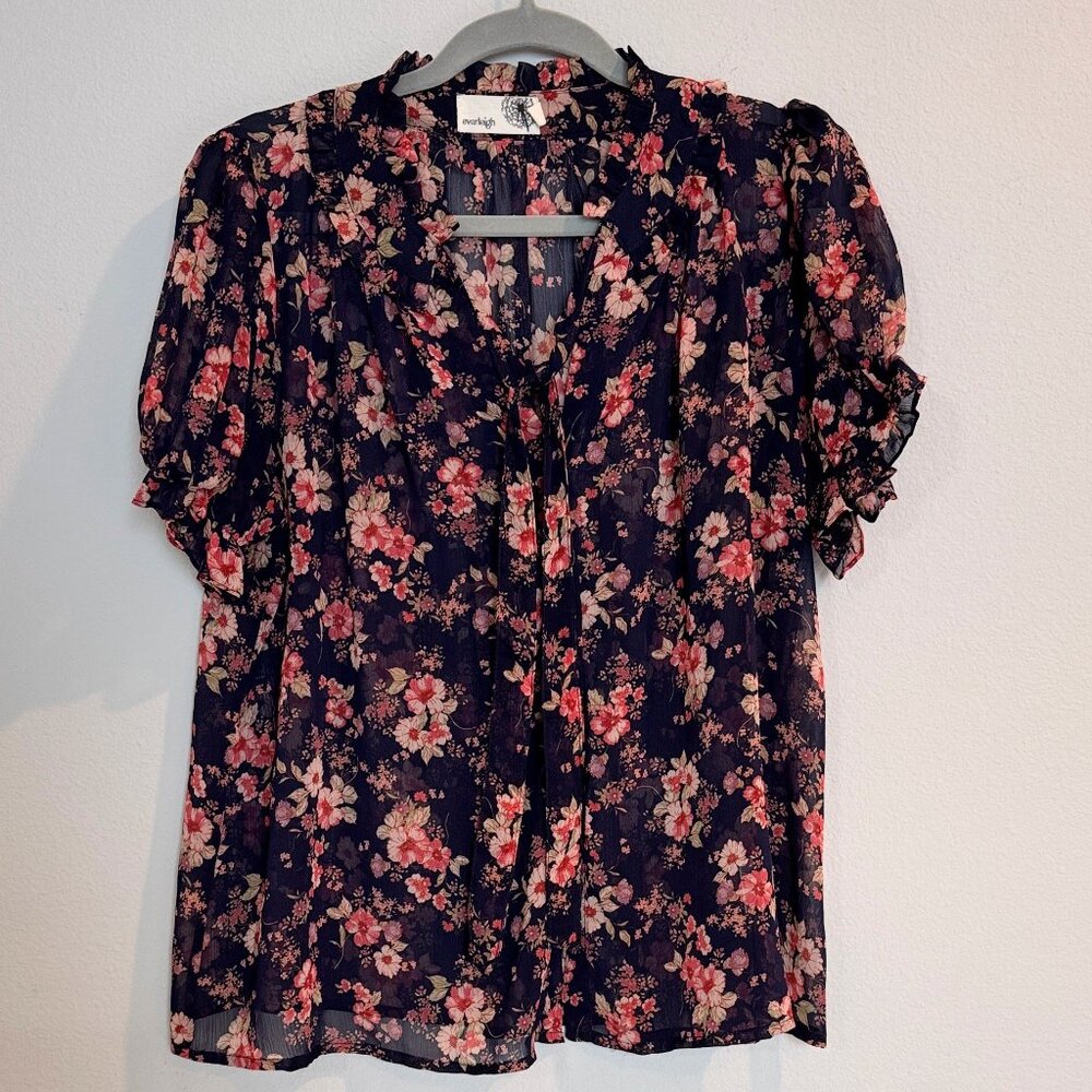 Everleigh Sheer Floral Button-Down Blouse - Dark Blue and Coral - M